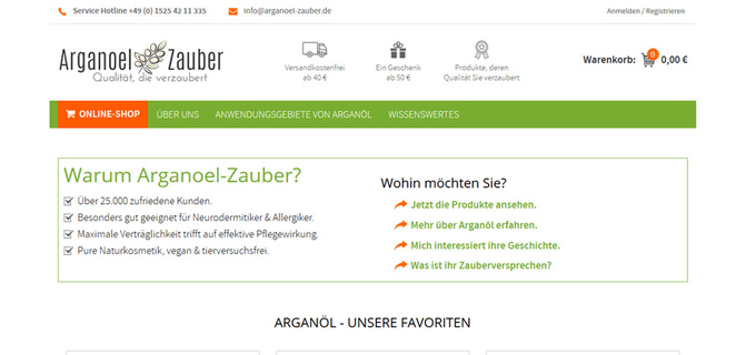 Arganöl - Zauberöl - Online-Shop von Andre Kruse:  (© screenshot / arganoel-zauber.de)