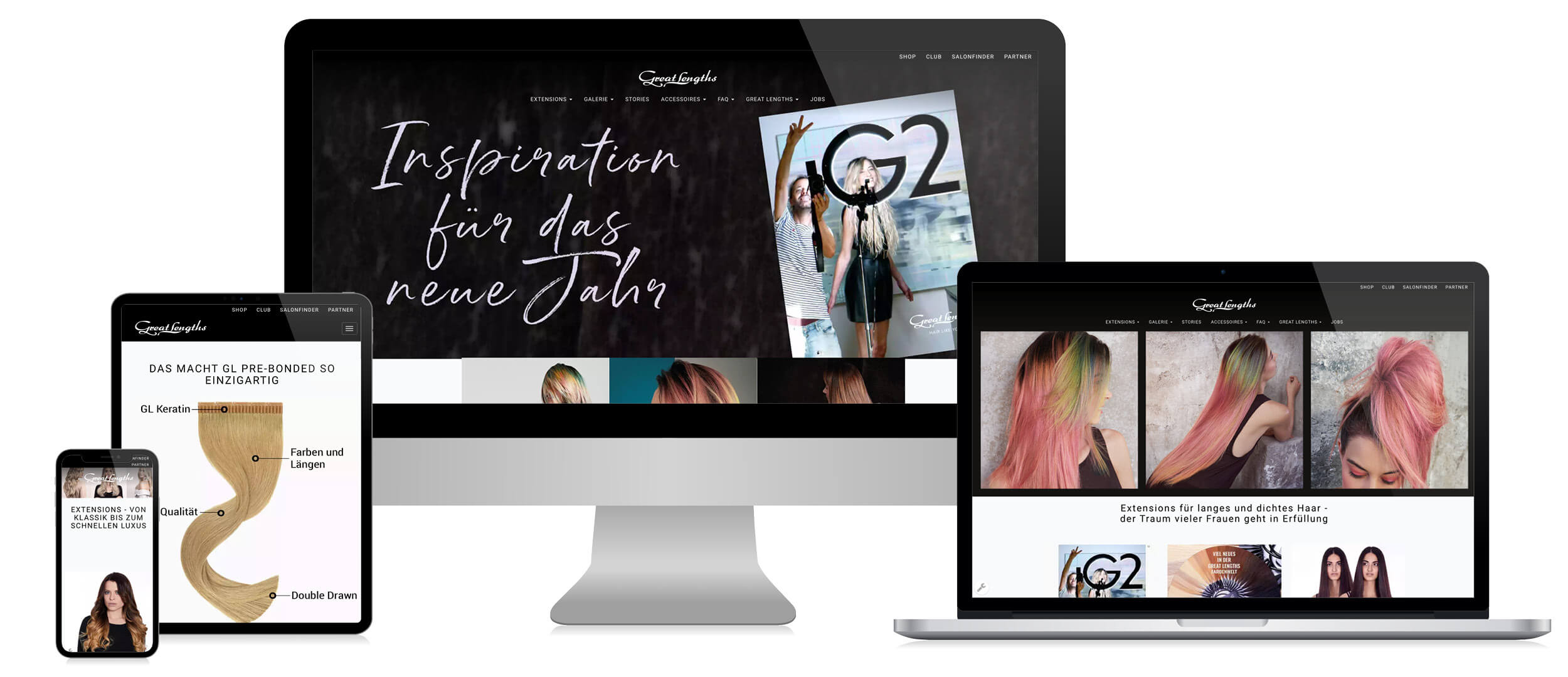 Die Website von Great Lengths auf verschiedenen Geräten: Smartphone, Tablet, Desktop und Laptop.