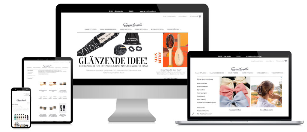 Zusammenstellung © e-dvertising Der Great Lengths Webshop auf verschiedenen Geräten: Smartphone, Tablet, Desktop und Laptop.