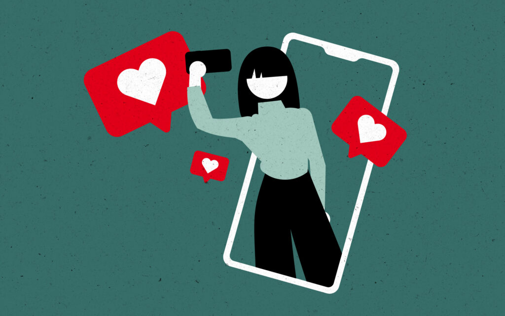 Illustration einer Frau die ein Selfie macht. Sie befindet sich im Rahmen eines Smartphones. Um sie herum sind rote Sprechblasen mit Herzen.