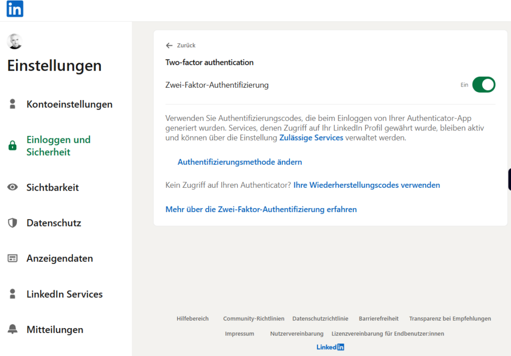 Zweistufige Authentifizierung auf LinkedIn, Screenshot der Einstellungen mit aktivierter 2FA