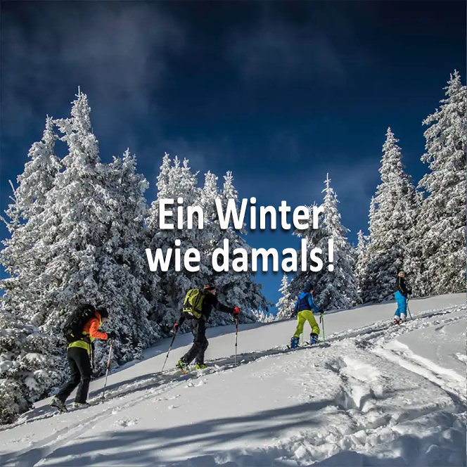 Skitourengeher – ein Winter wie damals © e-dvertising, Ulf Edlinger Vier Skitourengeher wandern einen verschneiten Hang hinauf. Im Hintergrund sind schneebedeckte Nadelbäume und ein tiefblauer Himmel mit leichten Wolken. Der Bildtext lautet „Ein Winter wie damals!“