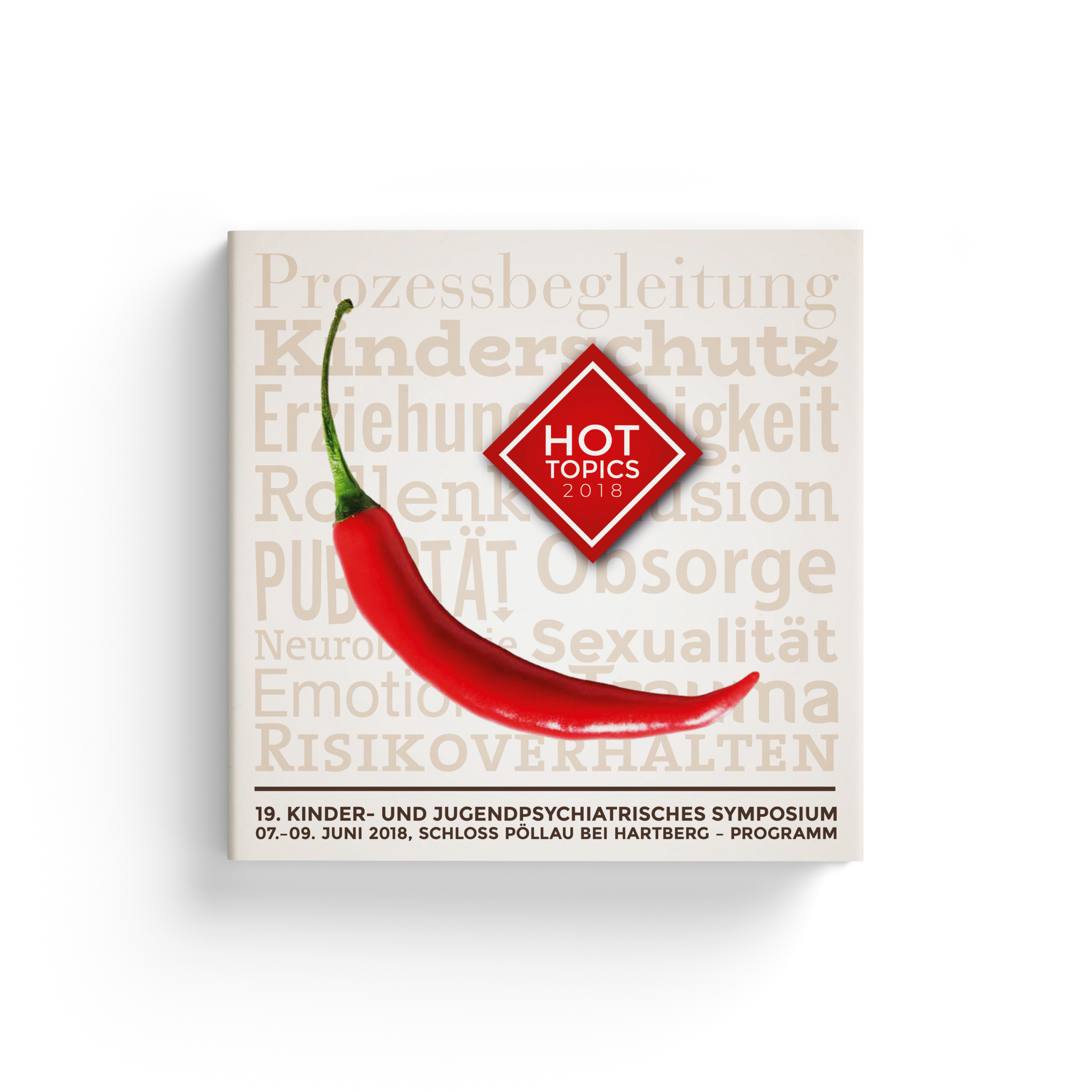 Poster advertising the 2018 Kinder- und Jugendpsychiatrisches Symposium, featuring a red chili pepper and a red 'HOT TOPICS 2018' badge.