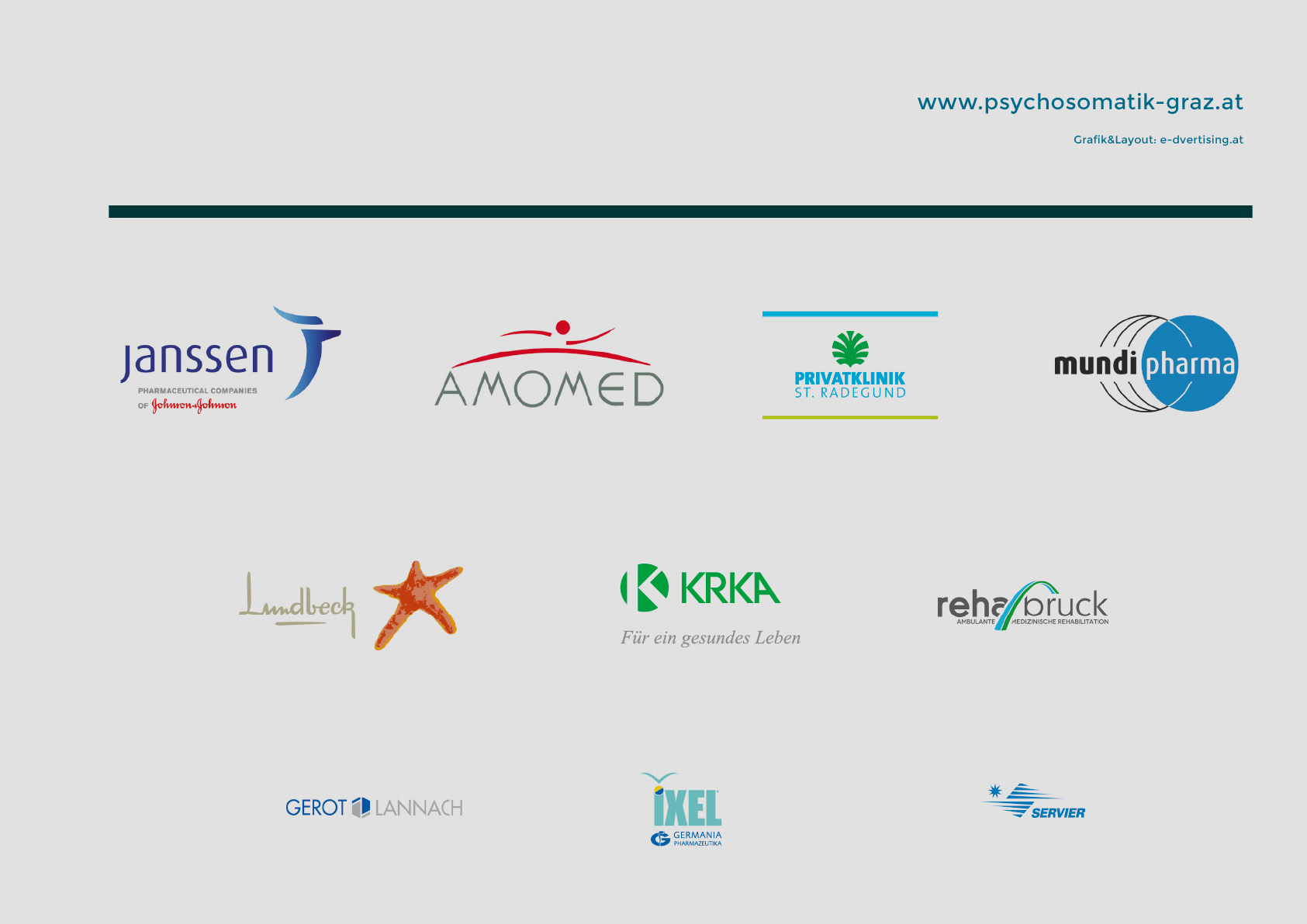 Panel of pharmaceutical company logos arranged in a grid on a light gray background (Janssen, Amomed, Privatklinik St. Radegund, MundiPharma, KRKA, Reha Bruck, Lindbeck, Gerot Lannach, IXEI, Servier)